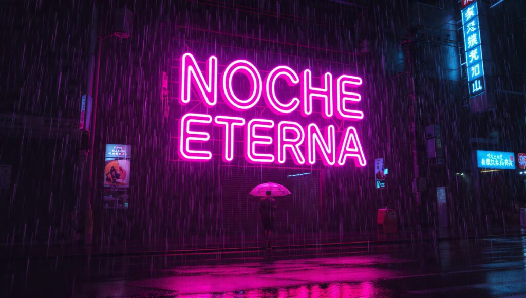 Letrero de neón magenta en Tokio con la frase Noche Eterna reflejándose en el asfalto mojado