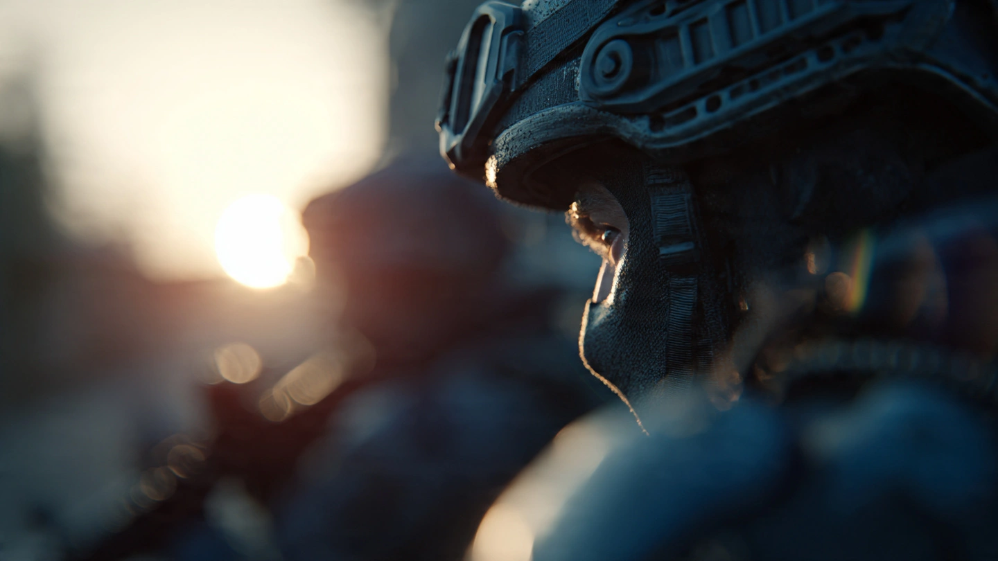 A cinematic rack focus shot moving from a foreground object to a background character