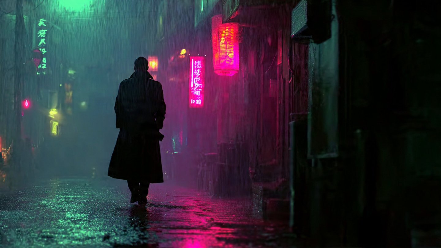 A cinematic film still of a cyberpunk detective in the rain