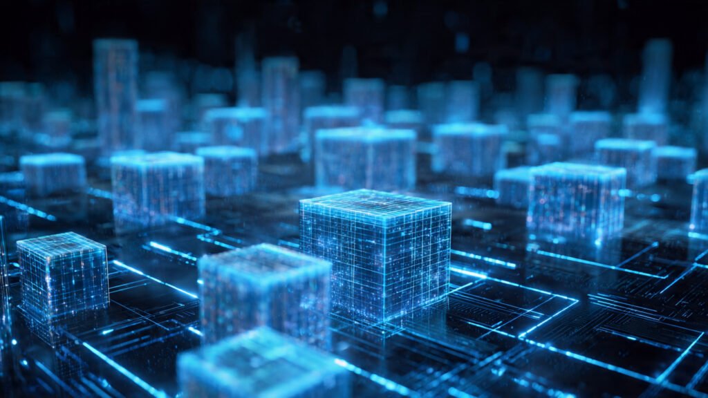 Bloques de datos geométricos brillantes organizándose a través de una red láser azul en un entorno futurista