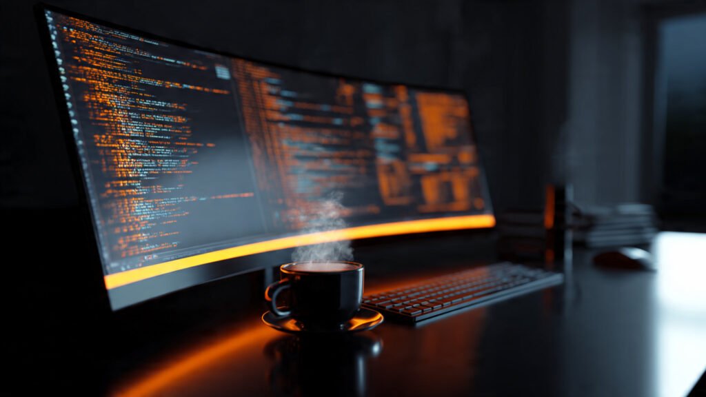 Monitor curvo brillante mostrando código y etiquetas XML naranjas en un espacio de trabajo minimalista oscuro