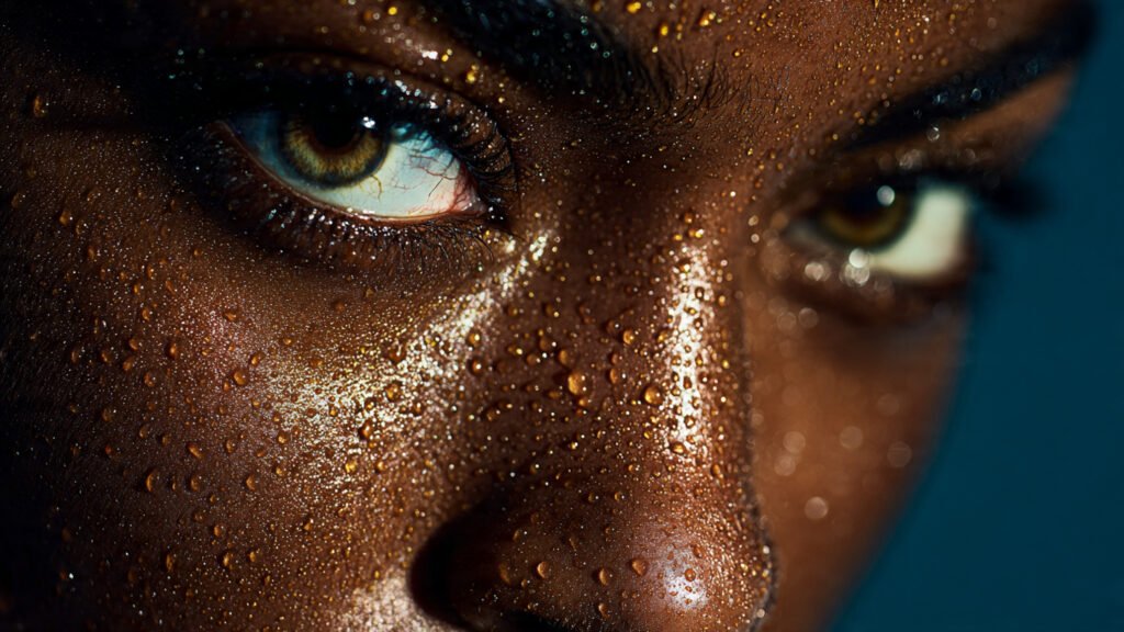 Retrato macro hiperrealista de una modelo con pecas doradas y gotas de agua usando iluminación de estudio y lente de 85mm