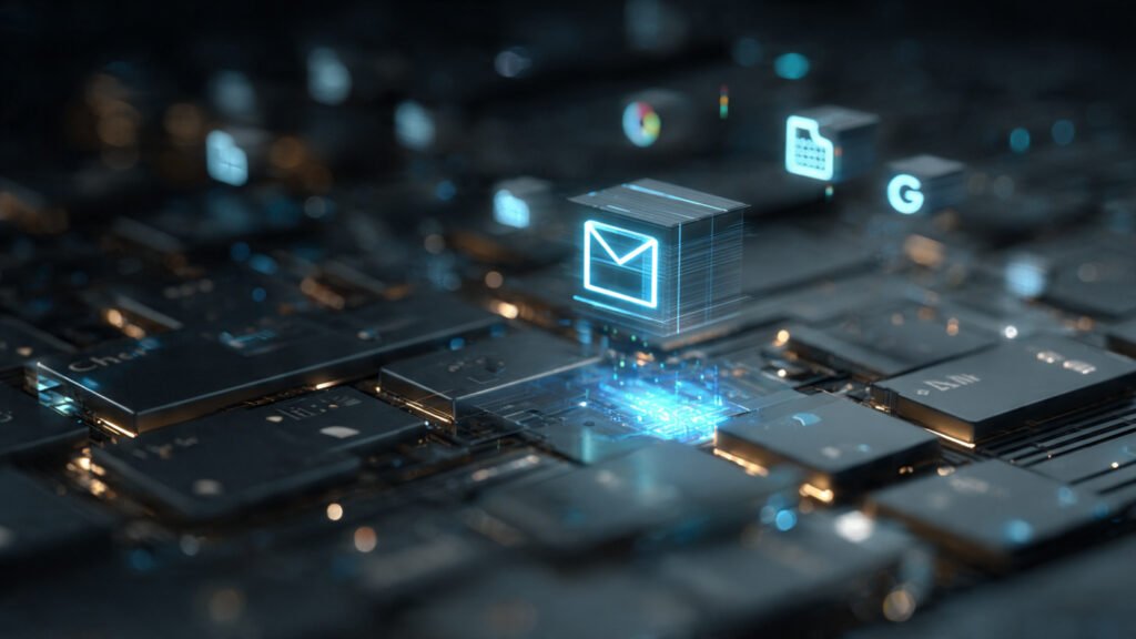 Nodos digitales brillantes conectando iconos de Gmail y Google Sheets mediante rayos láser azules