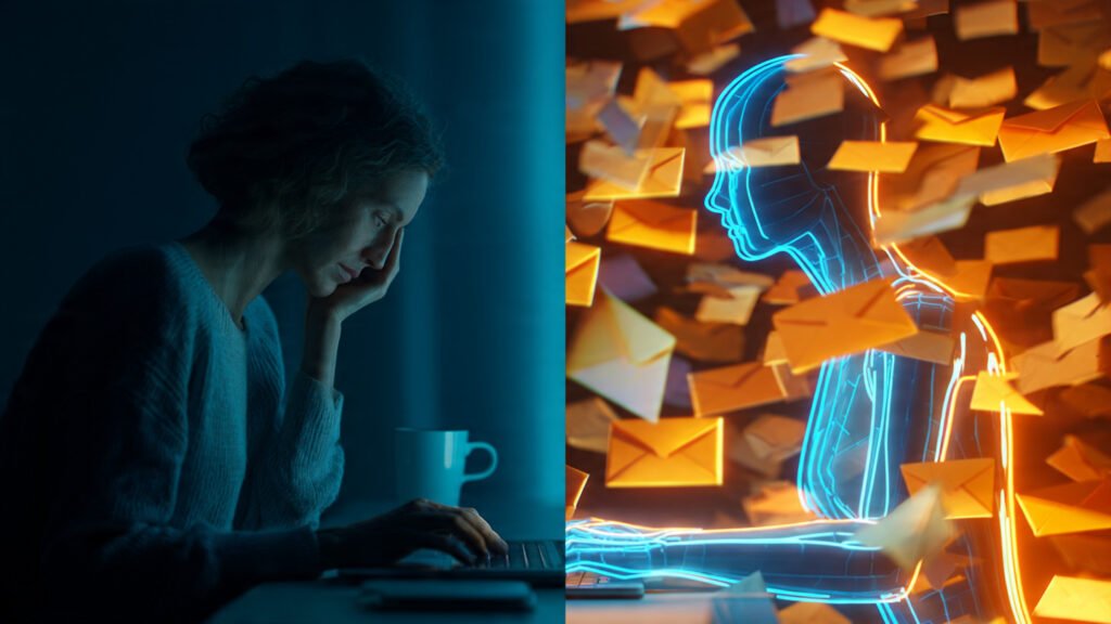 Pantalla dividida mostrando a un humano cansado escribiendo correos manualmente frente a un avatar digital procesando miles de correos simultáneamente