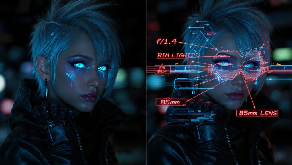 Pantalla dividida mostrando un retrato ciberpunk hiperrealista y su desglose en parámetros fotográficos digitales como apertura e iluminación
