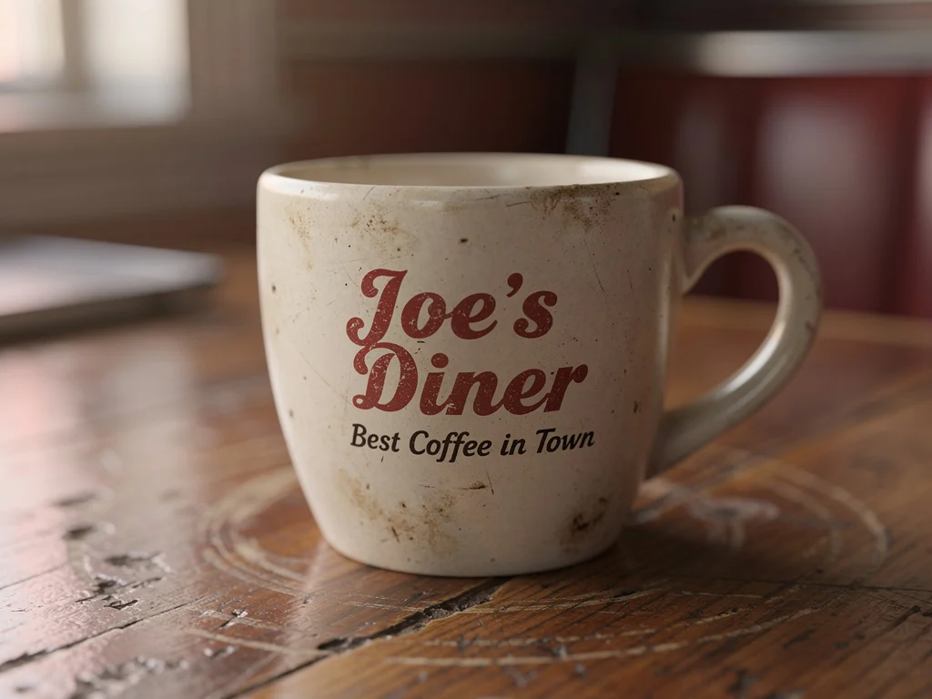 A close-up of a dirty coffee cup sitting on a diner table with flawless AI generated text