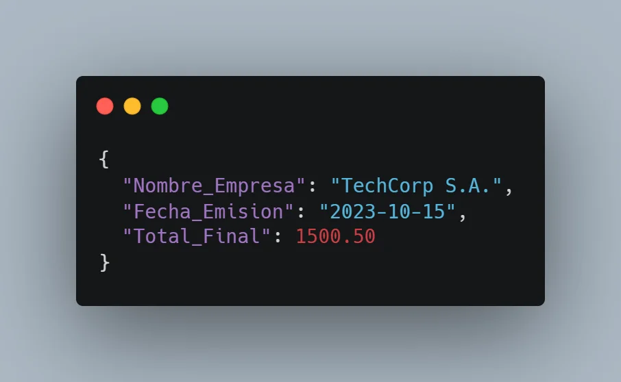 Ejemplo de código JSON validado tras la extracción de texto con OCR de IA