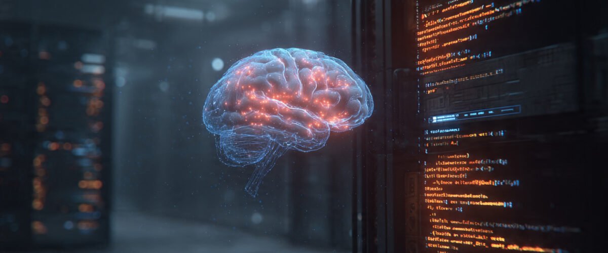 Cerebro holográfico brillante rodeado de etiquetas de código XML flotantes en un laboratorio tecnológico oscuro