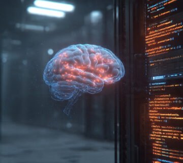 Cerebro holográfico brillante rodeado de etiquetas de código XML flotantes en un laboratorio tecnológico oscuro