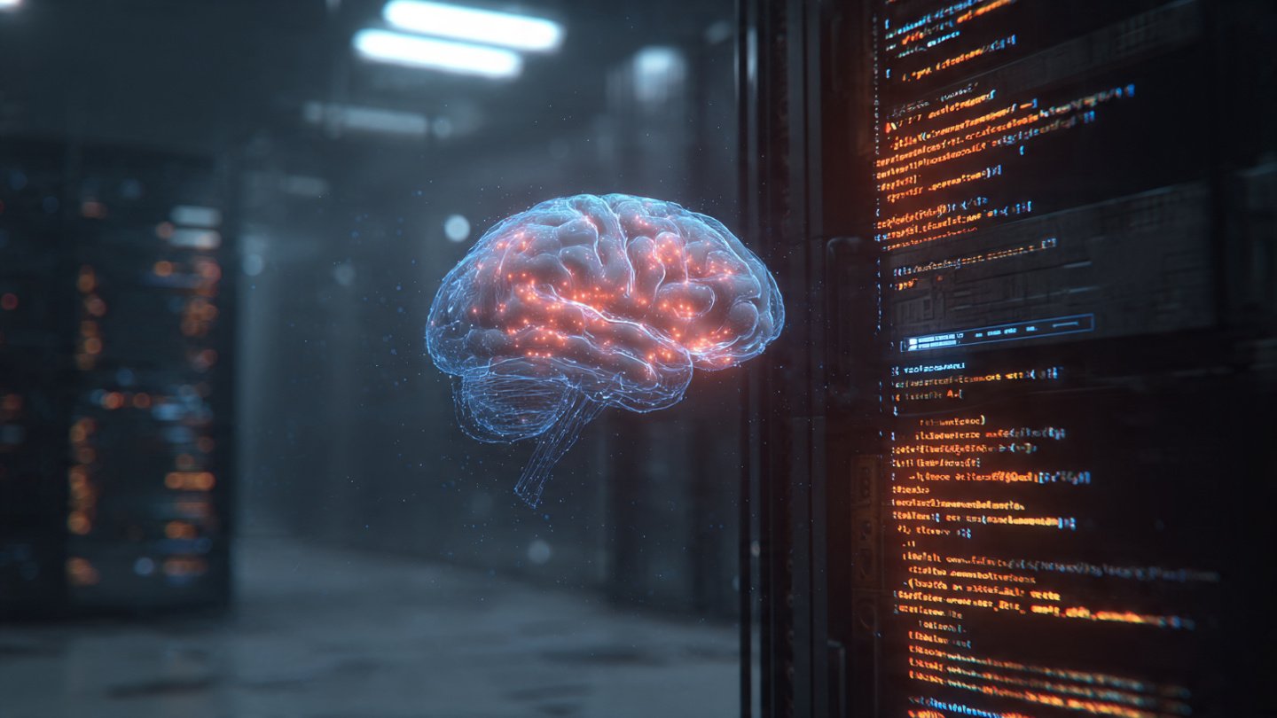 Cerebro holográfico brillante rodeado de etiquetas de código XML flotantes en un laboratorio tecnológico oscuro