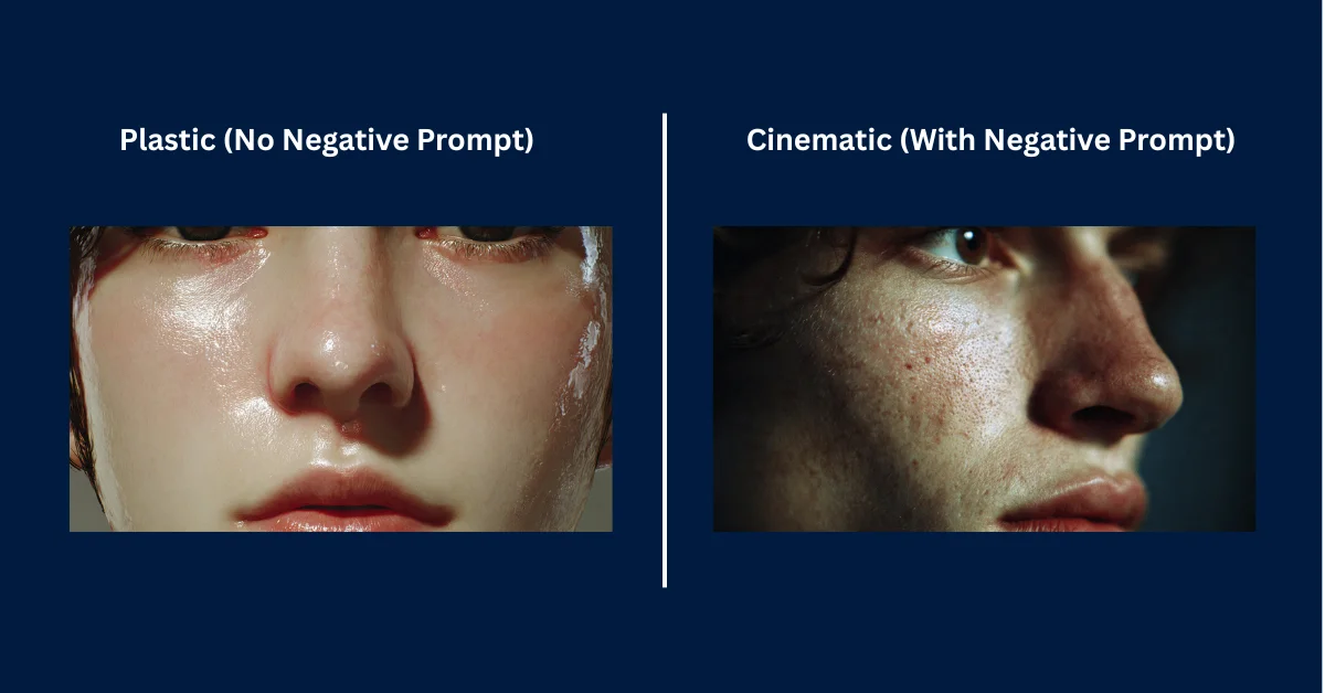 A split-screen comparison showing a plastic-looking AI image on the left, and a photorealistic gritty film still using negative prompts on the right