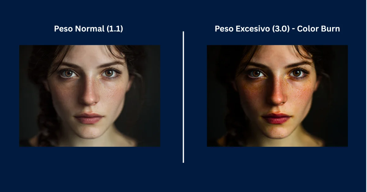 Comparativa visual en pantalla dividida mostrando el efecto de color burn y distorsión en Stable Diffusion al usar pesos matemáticos excesivos