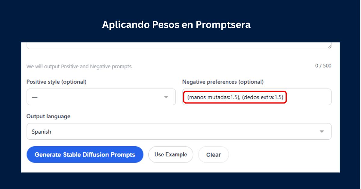 Captura de pantalla de la herramienta Promptsera mostrando cómo aplicar pesos matemáticos en el prompt negativo de Stable Diffusion