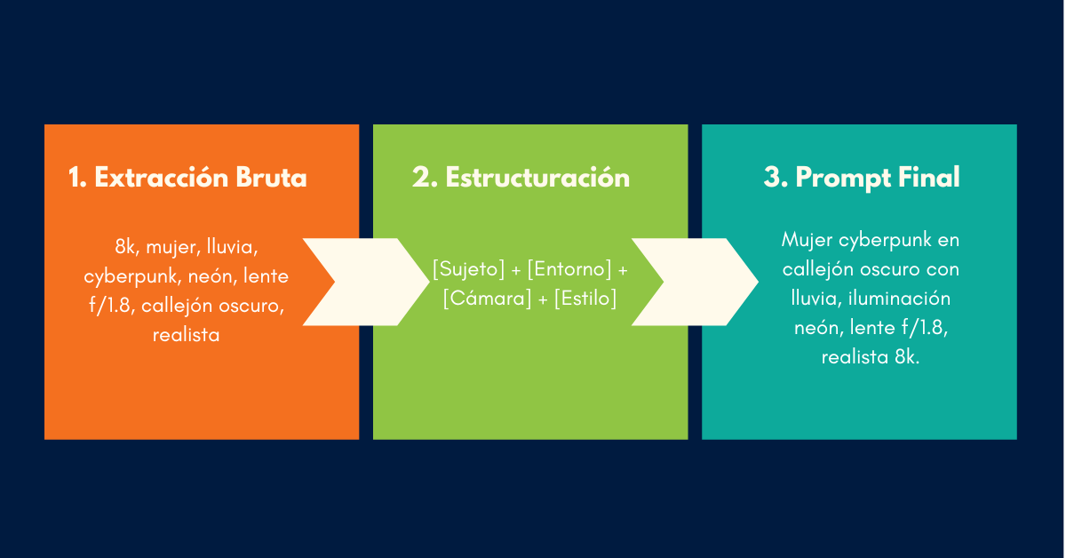 Diagrama de flujo que muestra la reestructuración de palabras clave extraídas en un prompt jerárquico organizado