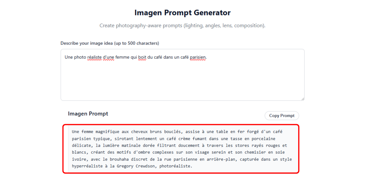 Interface du générateur de prompts IA pour Google Imagen sur promptsera.com