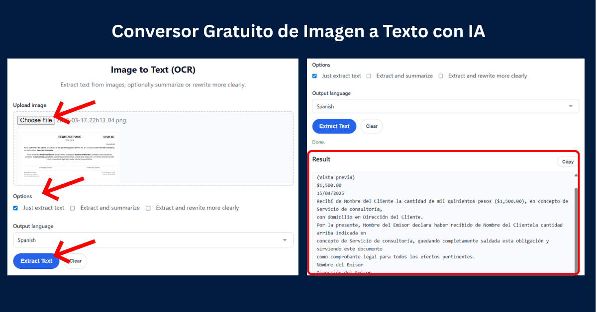 Captura de pantalla de la herramienta Promptsera extrayendo datos de una factura usando IA zero-shot