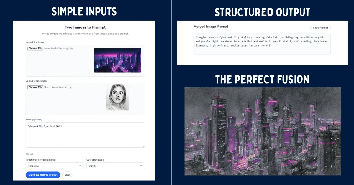 Screenshot of the Promptsera AI Image Merger tool generating a structured bridge prompt from two uploaded images to create a cyberpunk pencil sketch