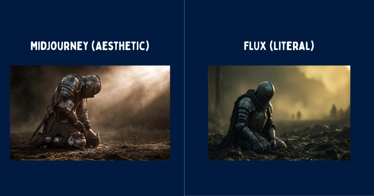 A split screen visual comparison showing Midjourney stylized output on the left and FLUX literal output on the right