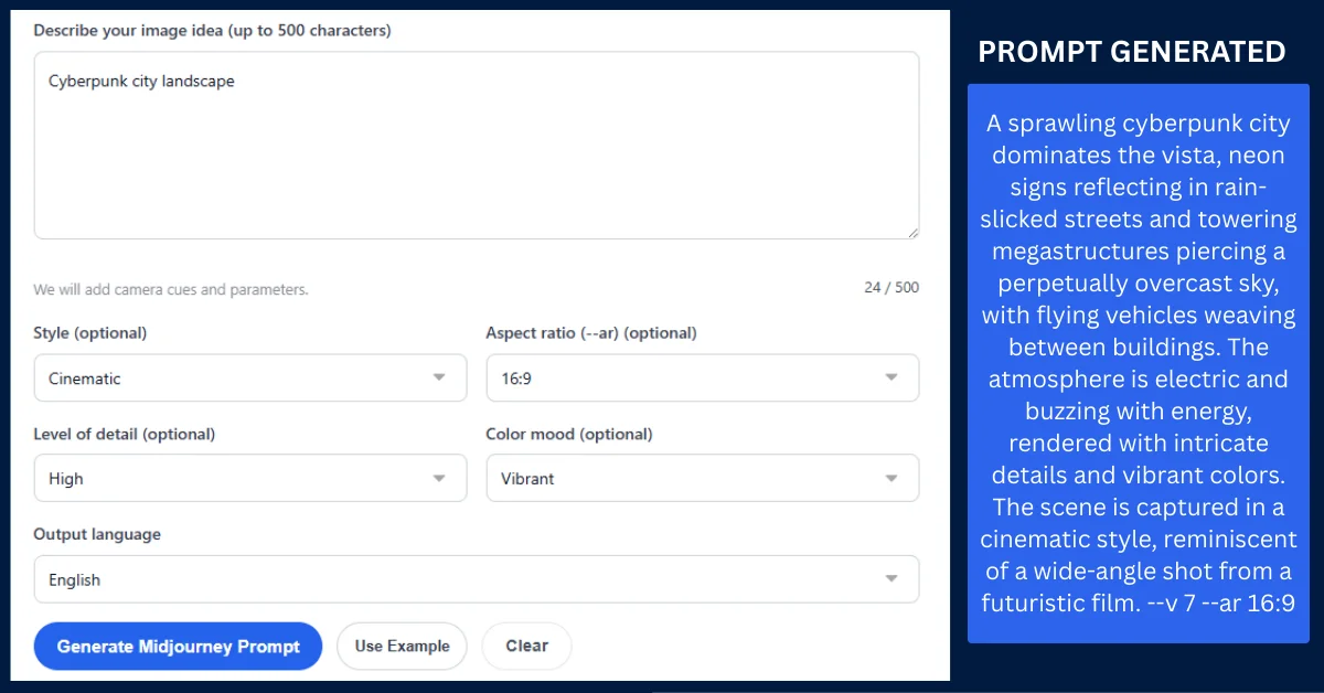 Screenshot of the Promptsera Midjourney Prompt Generator automatically formatting parameters and aesthetic tags