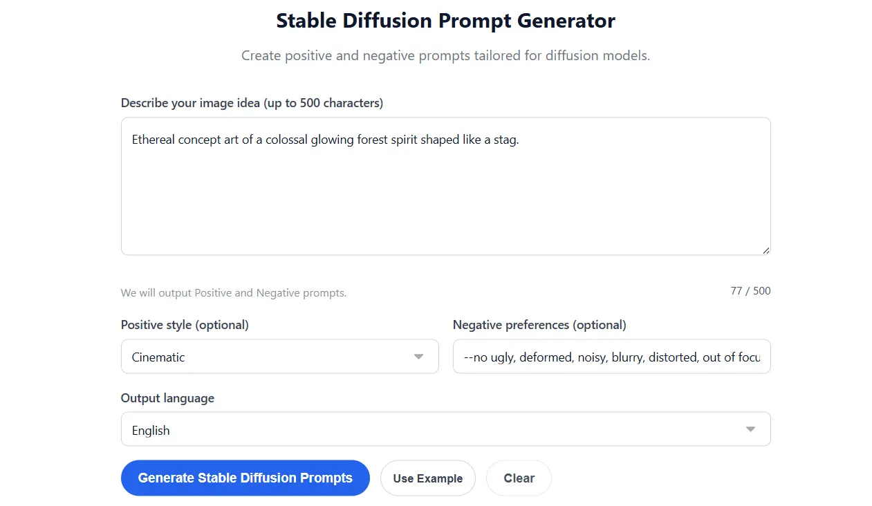 Screenshot of the Promptsera Stable Diffusion Prompt Generator showing the universal negative prompt structure