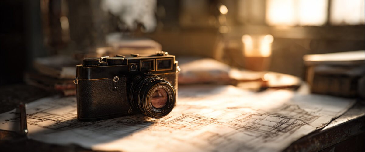 Appareil photo vintage et croquis représentant la création de prompts pour Midjourney