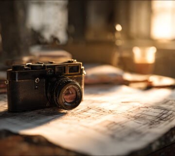 Appareil photo vintage et croquis représentant la création de prompts pour Midjourney