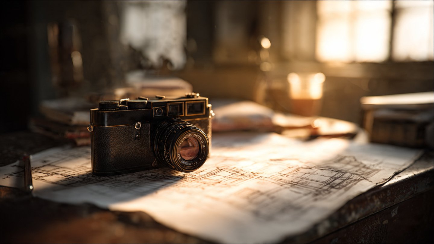 Appareil photo vintage et croquis représentant la création de prompts pour Midjourney