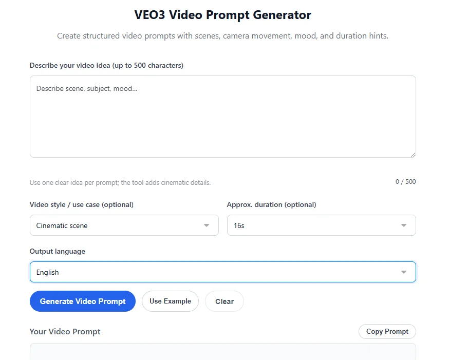 A screenshot of the Promptsera Google Veo 3 Prompt Generator interface highlighting structured prompt inputs for AI video creation.