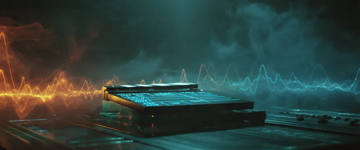 A cinematic photorealistic wide shot of a high tec 1200x500