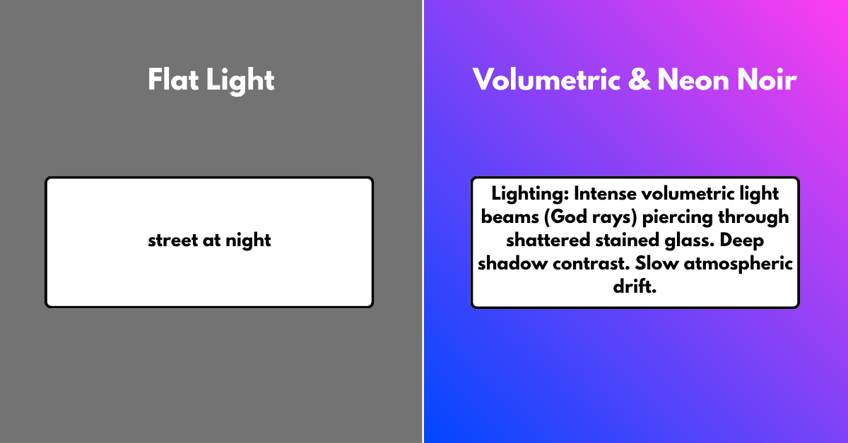 A comparison highlighting the importance of specifying volumetric lighting, light sources, and atmospheric density for photorealistic Google Veo 3 prompts.