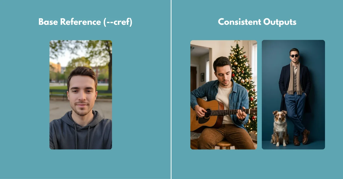 A split-screen comparison demonstrating Midjourney character consistency, showing a base reference image and multiple environmental variations using the --cref parameter.