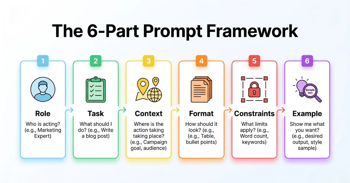 A diagram showing the six key components of an effective AI prompt: Role, Task, Context, Format, Constraints, and Example.
