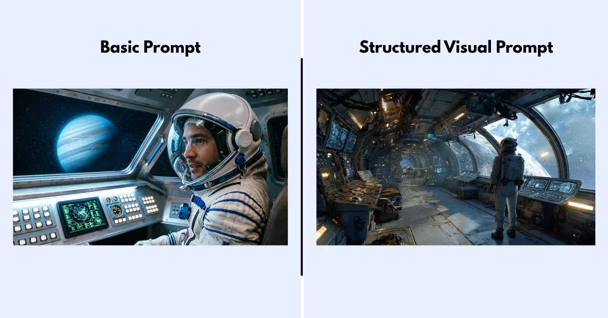 Split-screen comparison showing a bland AI-generated image versus a highly detailed, cinematic image created using advanced visual prompt engineering.