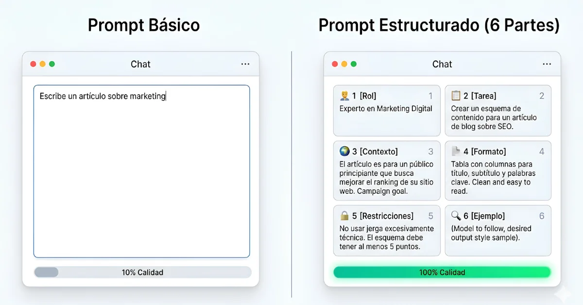Simulador interactivo mostrando cómo la estructura de 6 partes transforma un prompt básico en una instrucción experta para IA.