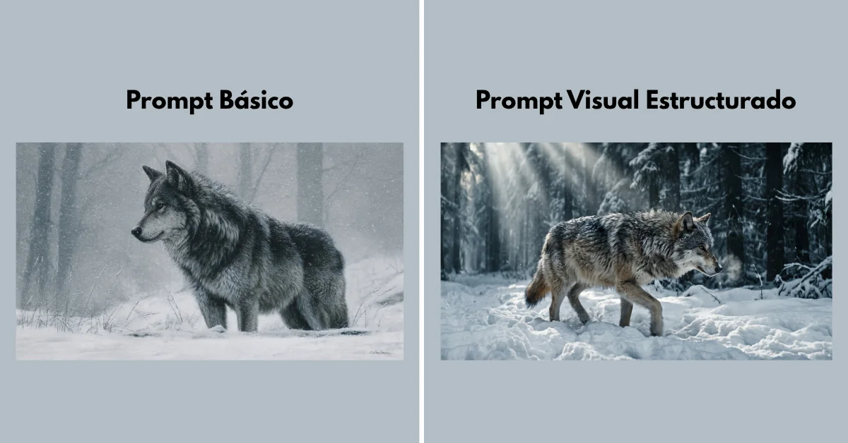 Comparativa visual de Midjourney: un prompt básico de un lobo frente a un prompt estructurado con iluminación volumétrica y lentes cinematográficos.