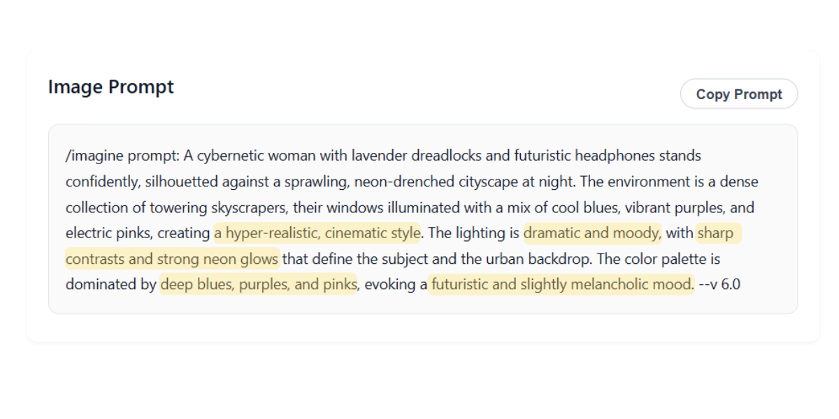 A UI screenshot of an image to prompt generator showing an uploaded cyberpunk image and the extracted text highlighting style tokens like neon lighting.