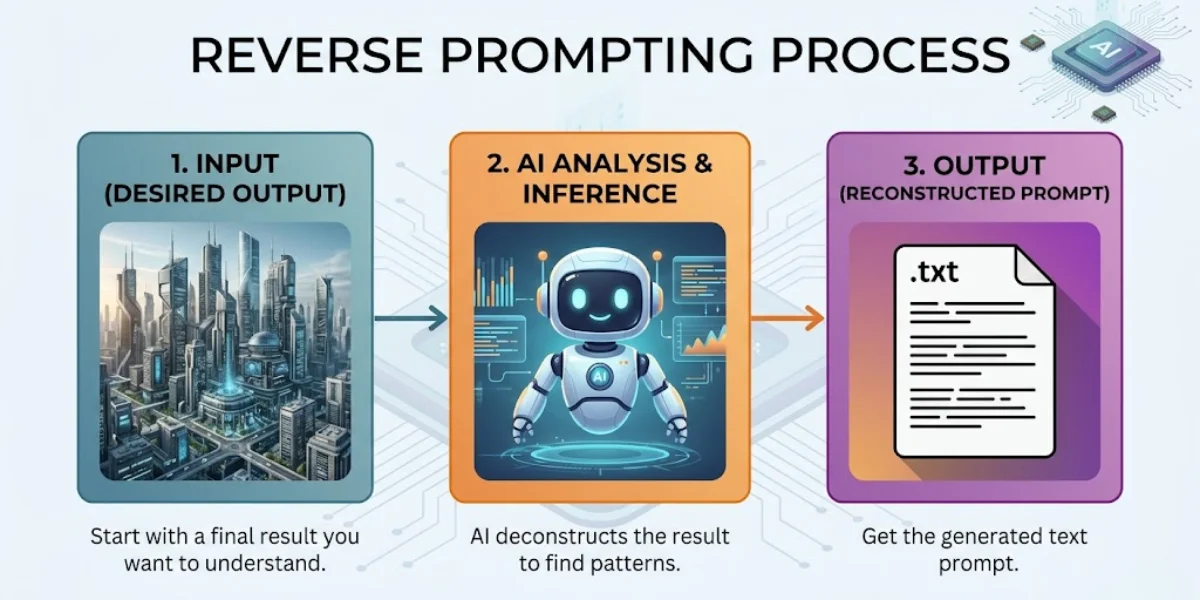 Diagram showing the reverse prompting workflow where an image is analyzed by a vision model to output a detailed text prompt.
