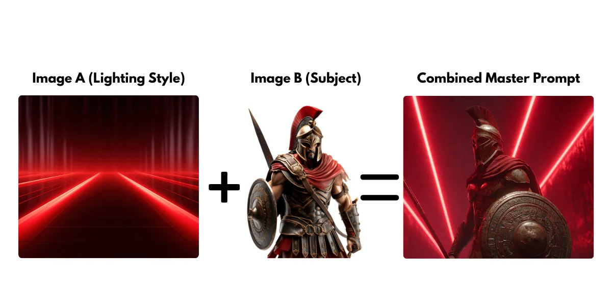 Visual representation of taking the lighting tokens from Image A and the subject tokens from Image B, combining them to create a unique AI prompt.