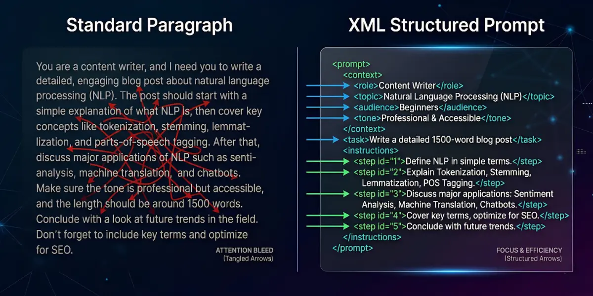 Diagram comparing unstructured natural language processing with XML structured routing in DeepSeek V4