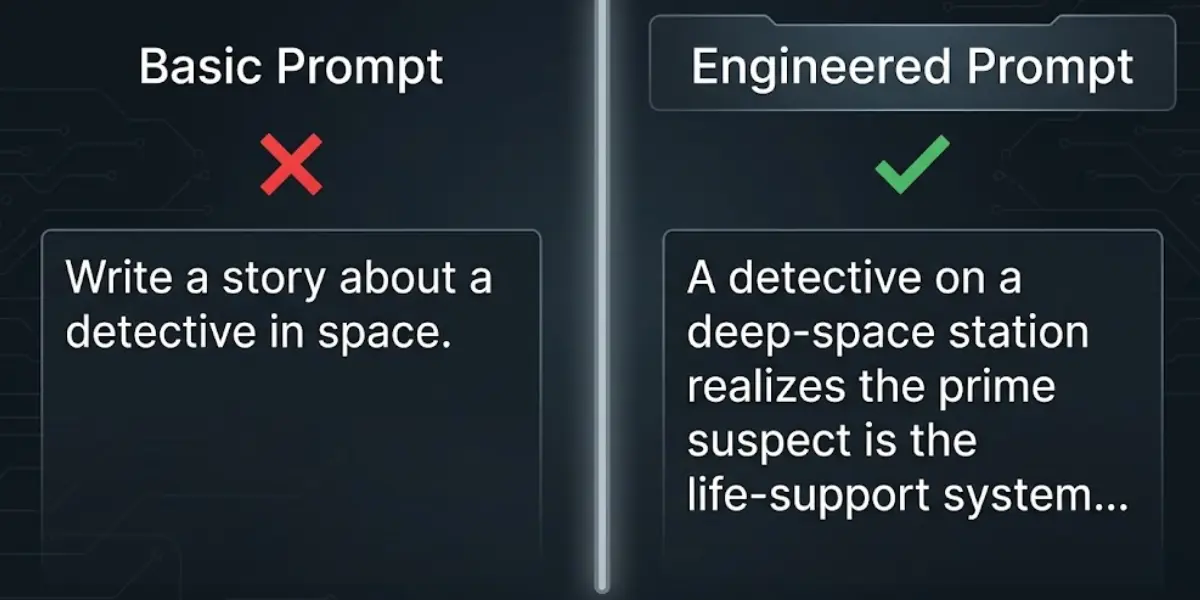 Split screen comparison showing a basic story prompt versus an engineered AI prompt with narrative stakes