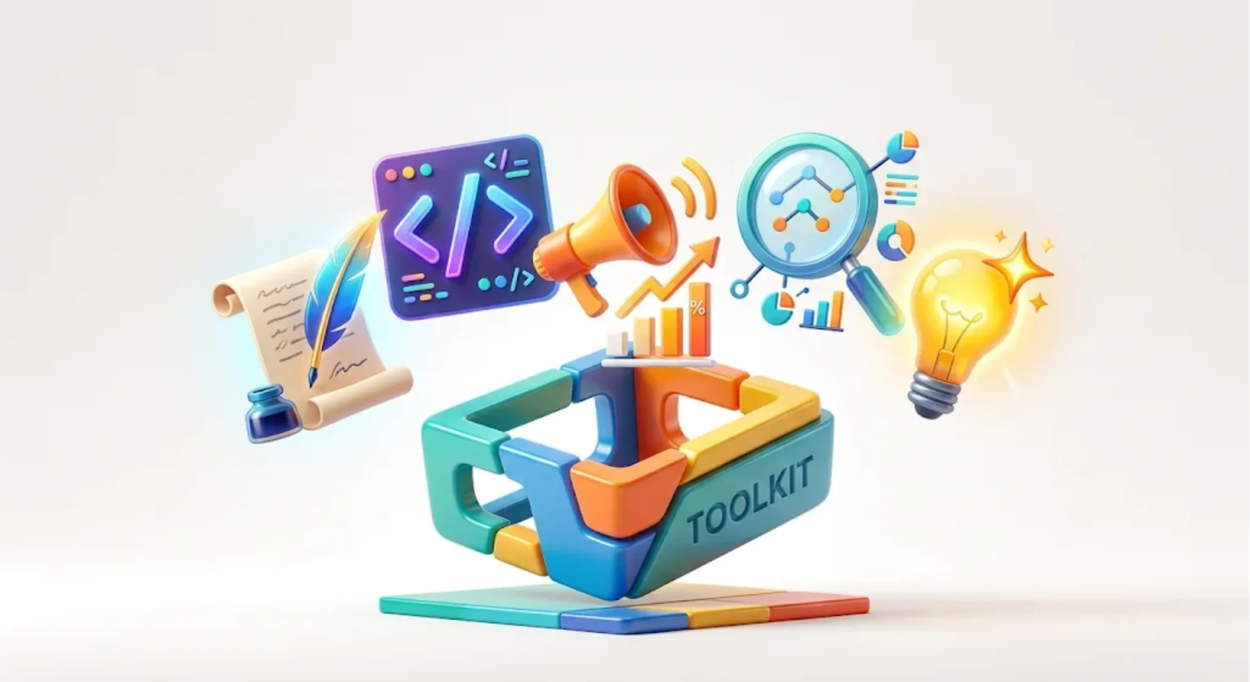 Colorful sculptural toolkit representing writing, coding, marketing, analysis, and ideation