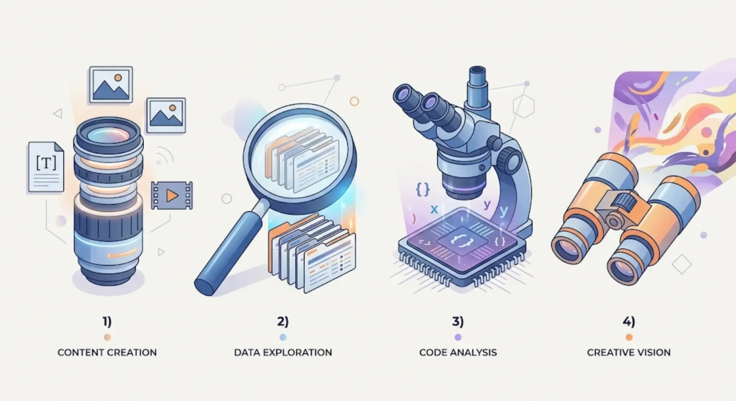 Different optical instruments representing distinct approaches to AI prompt creation