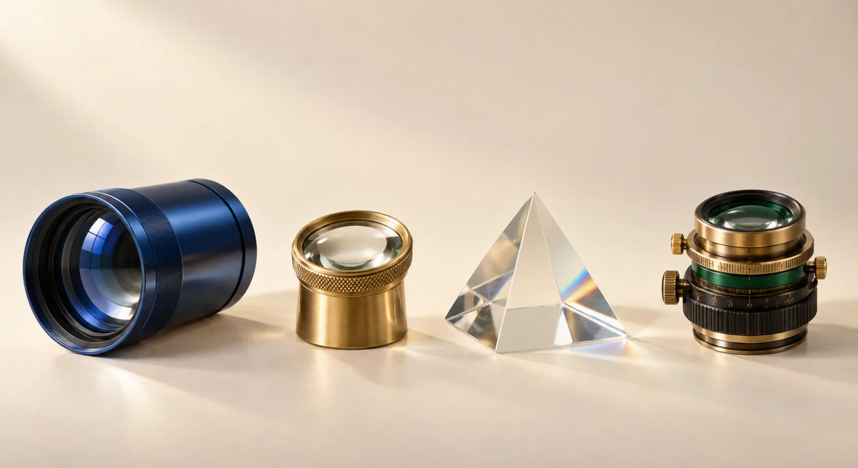 A collection of optical instruments representing different AI prompt writing tools