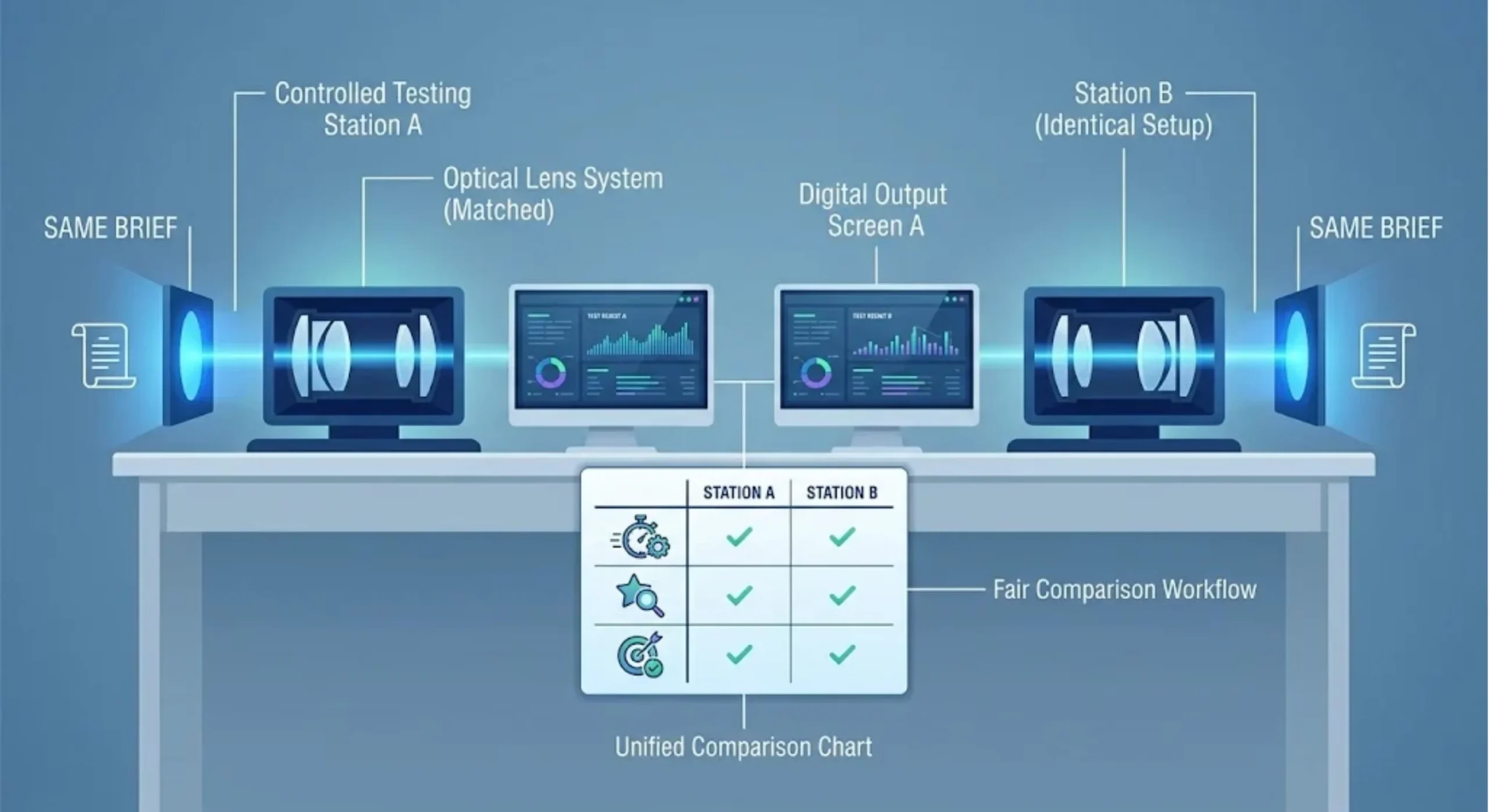 Matched optical setups suggesting a controlled comparison under consistent conditions