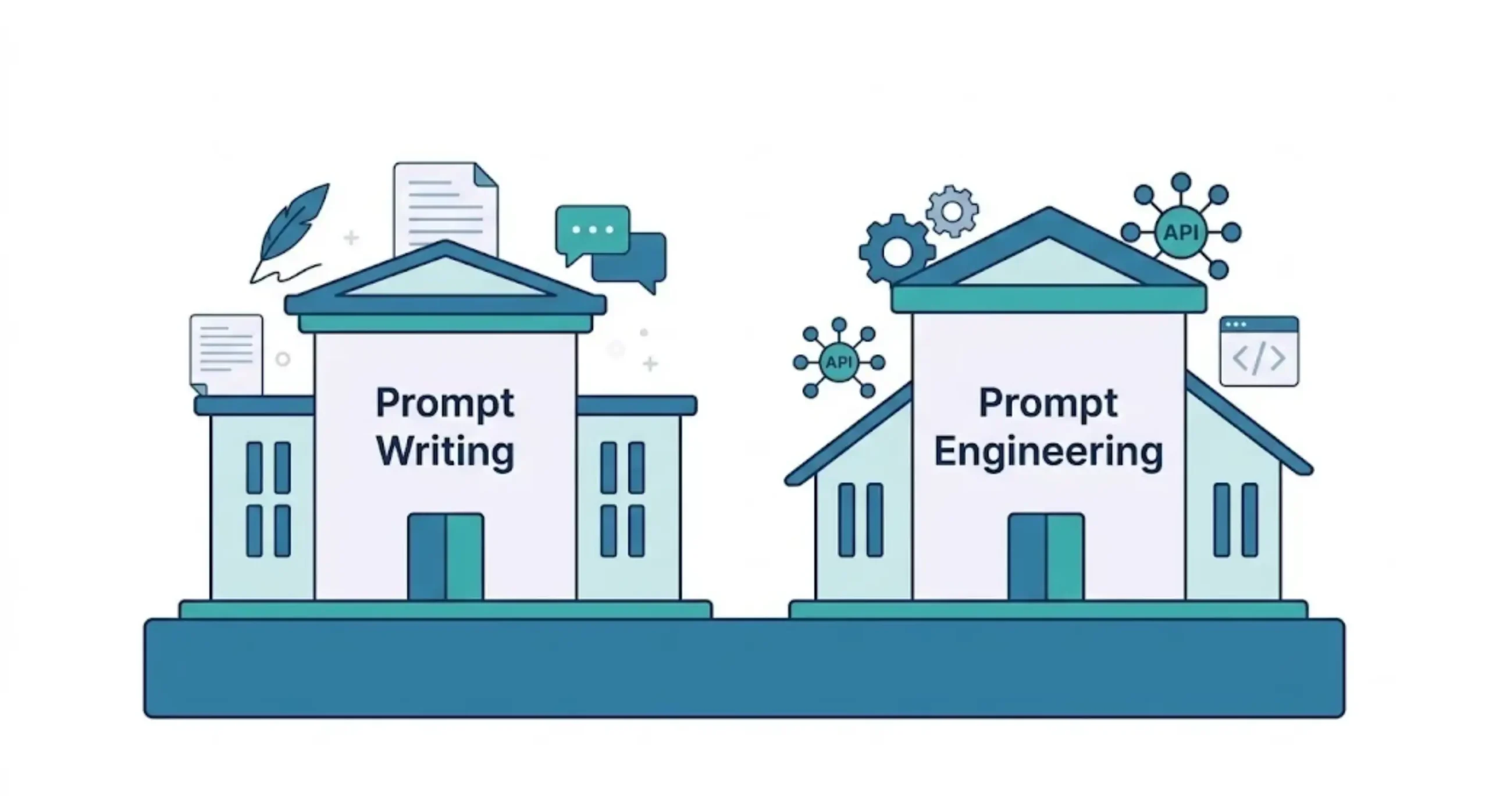 Two complementary architectural structures representing prompt writing and prompt engineering