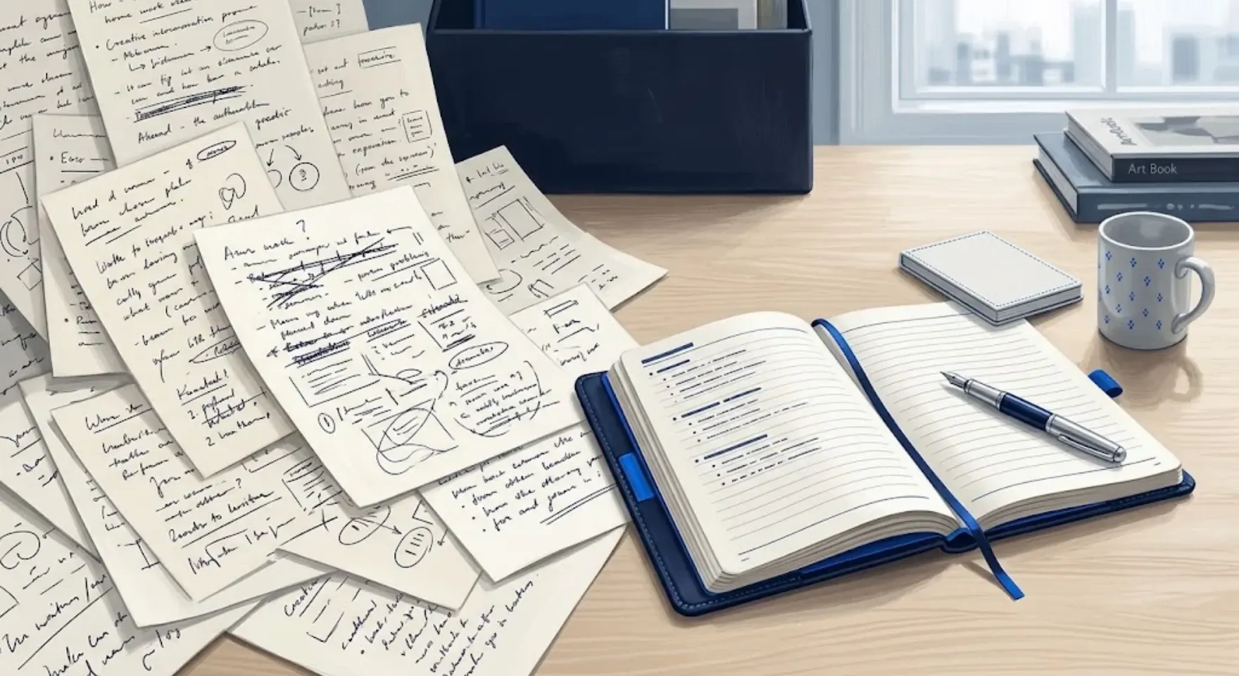A cluttered project brief reorganized into a focused draft and review checkpoint