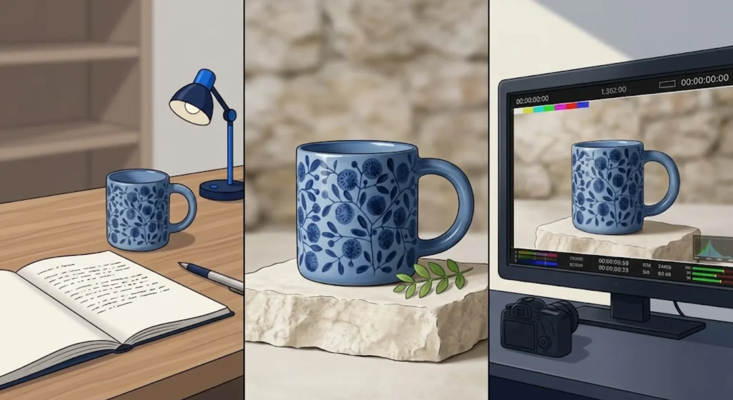 Text, image, and video prompt writing illustrated through a shared ceramic mug brief